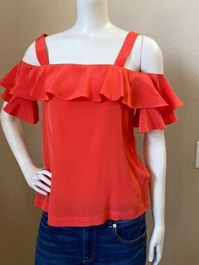 J. Crew Coral Cold-Shoulder Ruffle Blouse